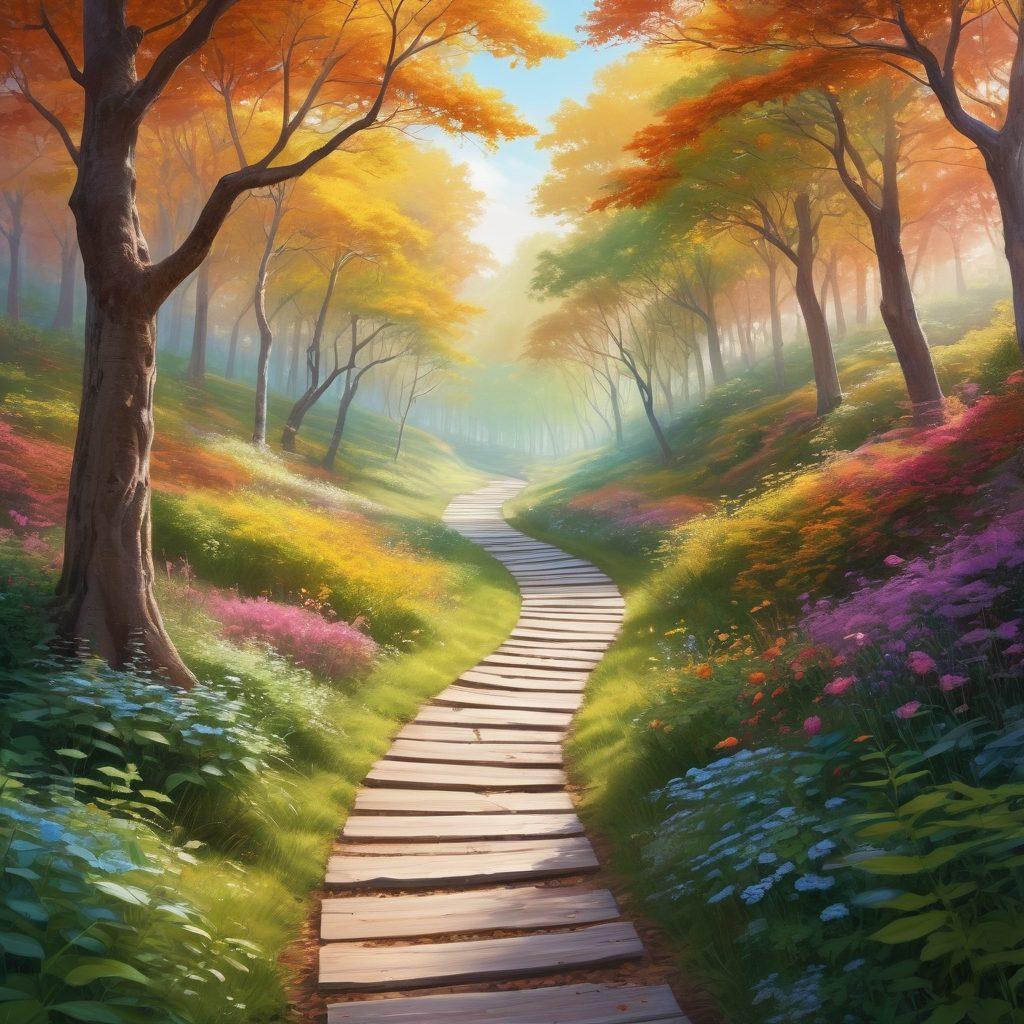 A serene landscape depicting a winding path leading through a vibrant forest, symbolizing the journey of patients. Along the path, diverse figures of patients encountering friendly guides, illustrating knowledge exchange and support. Light filters through the trees, creating a hopeful atmosphere, while symbols of healthcare, like a stethoscope and books, are subtly integrated into the scene. The color palette is bright and uplifting, evoking feelings of empowerment and community. super-realistic. vibrant colors. serene background.