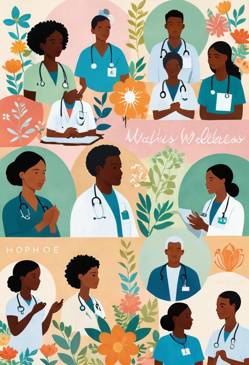 A diverse group of patients and healthcare providers in a warm, supportive environment, collaborating over treatment plans, surrounded by symbols of hope like flowers and wellness icons. Include a serene backdrop with a soft color palette that evokes calmness, radiating empowerment and community. super-realistic. vibrant colors. soft focus.