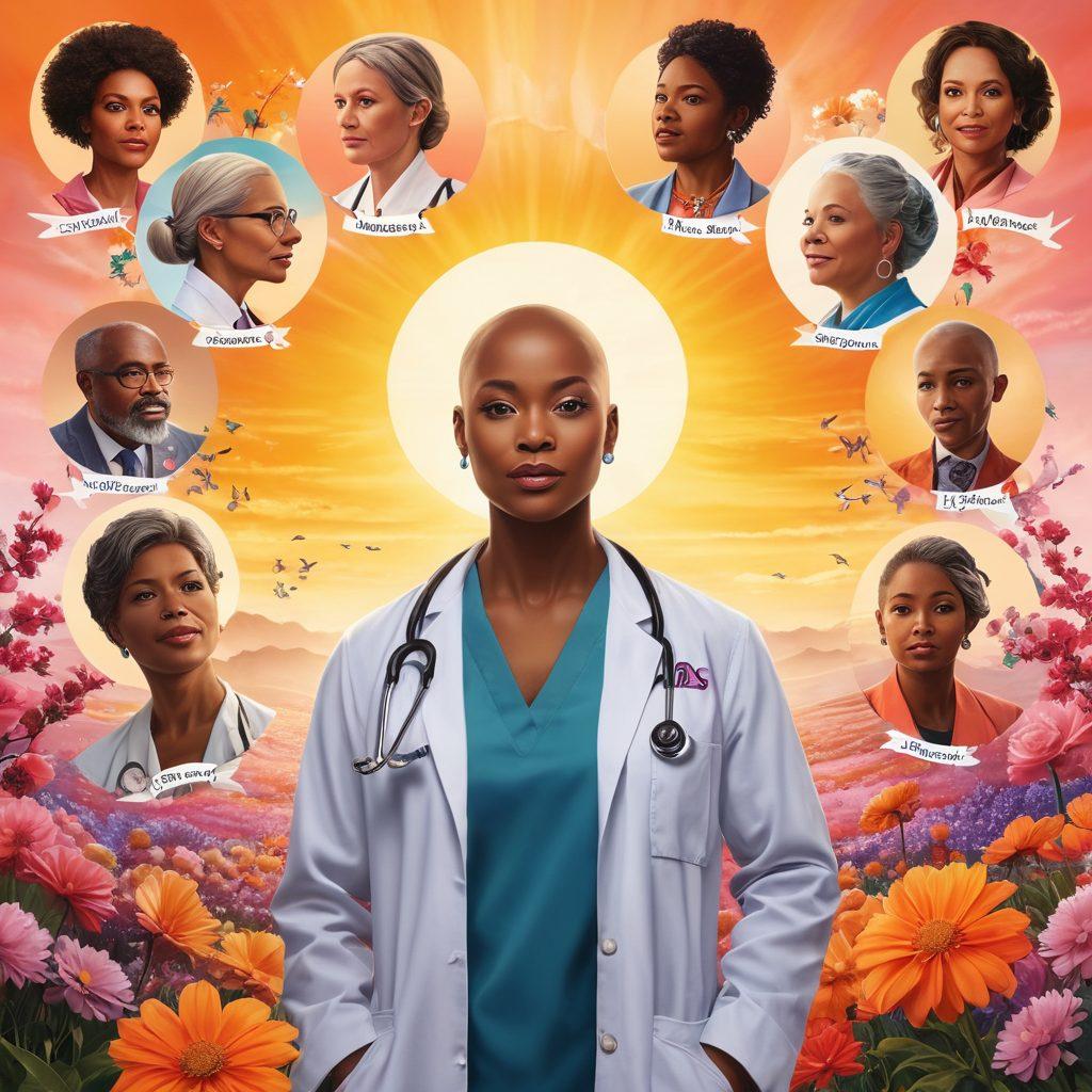 A powerful visual representation depicting a diverse group of cancer warriors, showcasing individuals at various stages of their journey from diagnosis to survivorship. Include symbols of hope, such as blooming flowers and a rising sun, intertwined with medical elements like stethoscopes and awareness ribbons. The background should convey strength and resilience, with warm, uplifting colors to inspire courage and determination. super-realistic. vibrant colors. inspirational atmosphere.